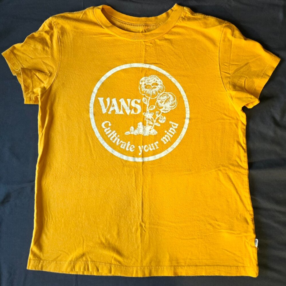 VANS T-Shirt Juniors Medium Yellow Distressed Floral Slogan Skater Streetwear